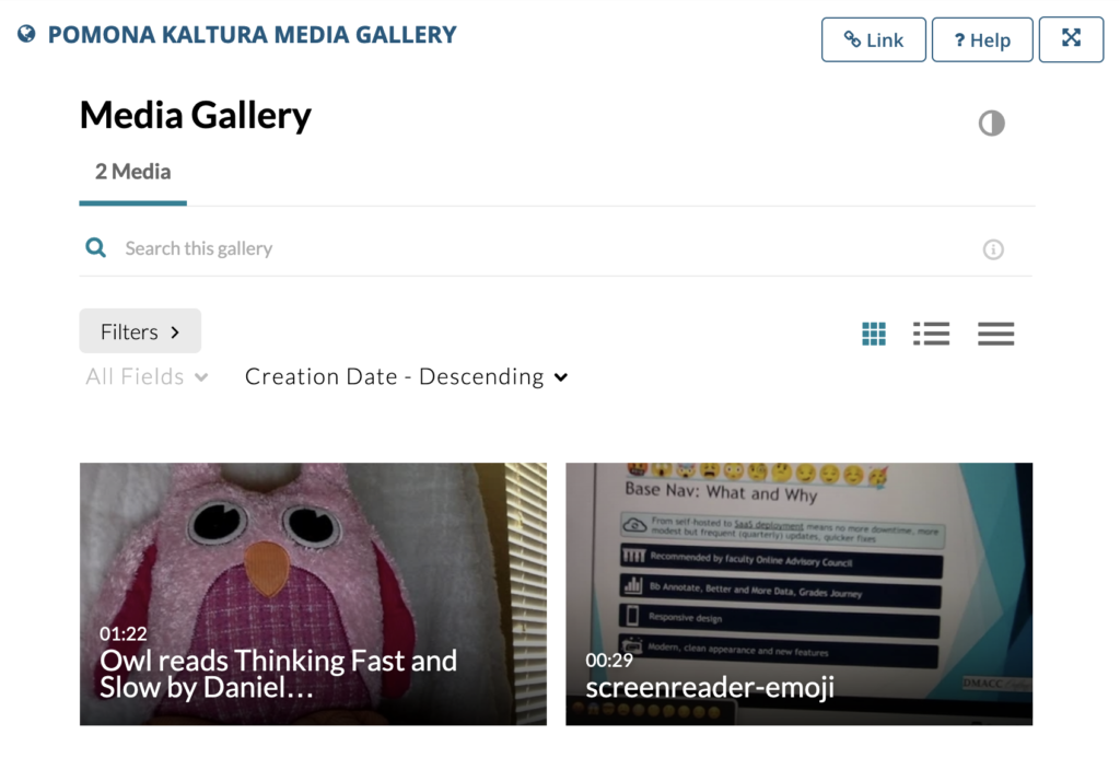 Kaltura Media Gallery in Sakai Screenshot